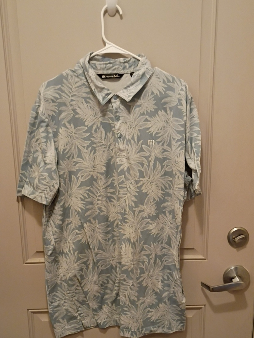 Travis Mathew Light Blue Polo with White Tropical Print Size XXL
